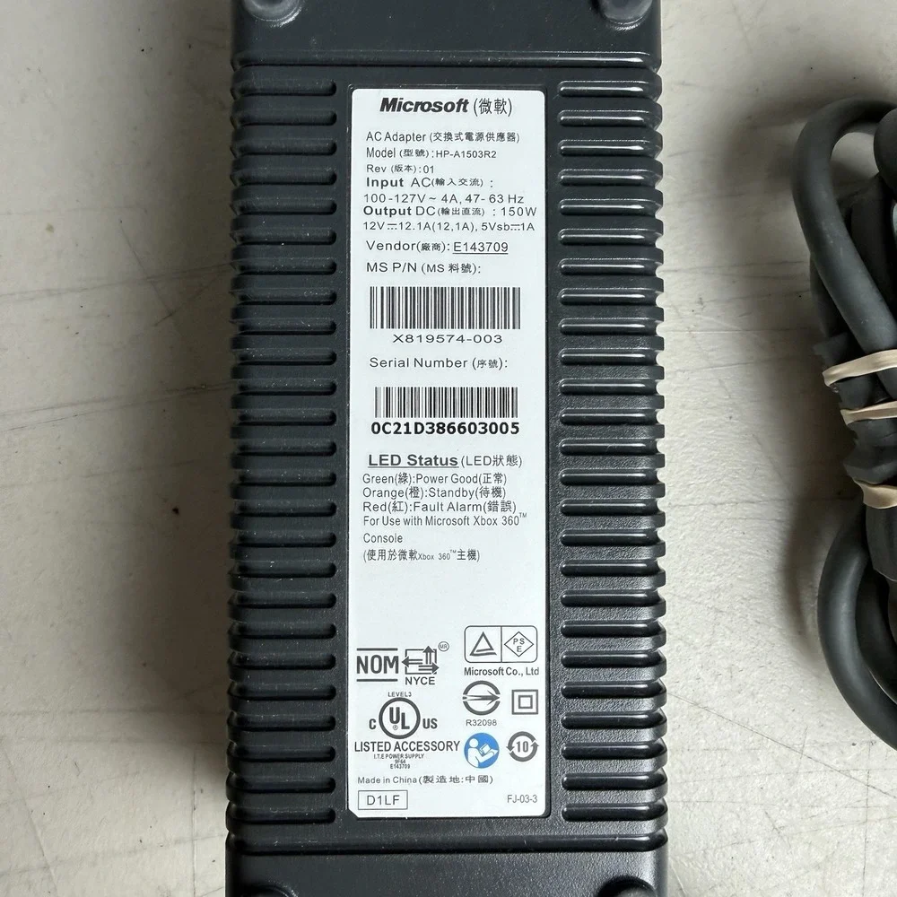 Microsoft Xbox 360 Model HP-A1503R2 AC Adapter Power Supply Cable OEM